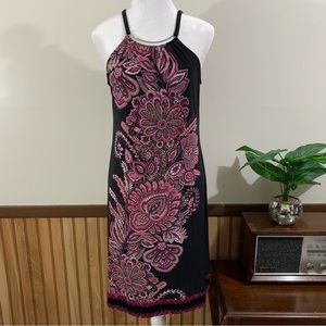 NWOT INC Black Pink Purple Paisley Printed Metal Neck Sleeveless Dress (Medium)